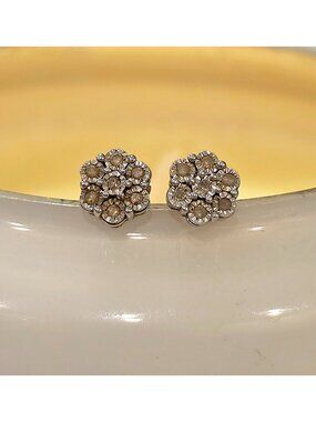 Vintage Sterling Silver Flower Diamond Cluster Tiny Stud Earrings